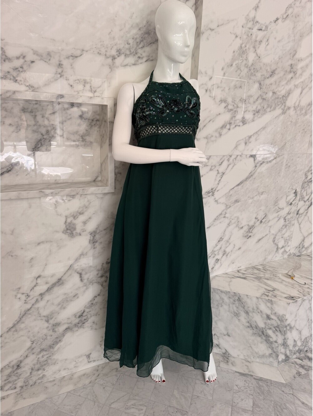 Vintage Emerald Green Beaded Sequin Halter Evening Gown Formal Prom Dress